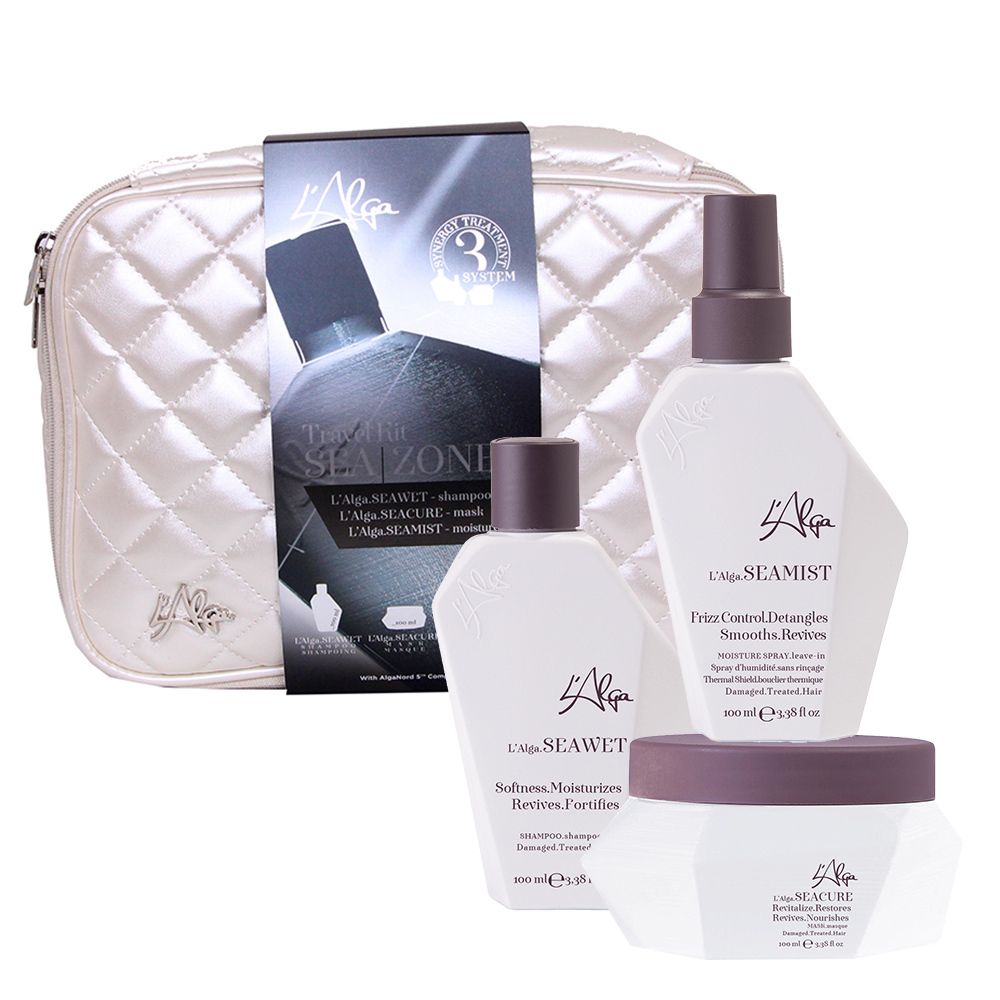 SEAZONE BEAUTY BAG/ Дорожный набор «термозащита волос со спреем» в белой стеганой косметичке