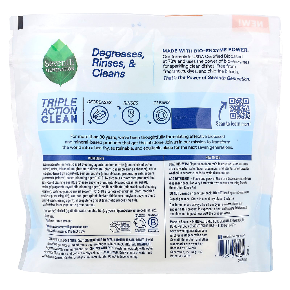 Seventh Generation, моющие средства для посудомоечных машин, Free & Clear, 16 шт., 254 г (8,9 унции)