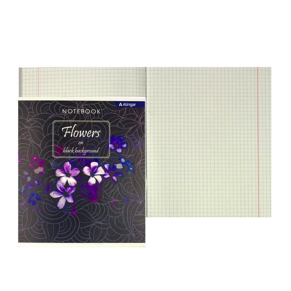 Тетрадь 36 л., А5, клетка, Alingar "Цветы ", скрепка, второй блок 60г/м2, мелованный картон (стандарт), 4 дизайна в пленке т/у