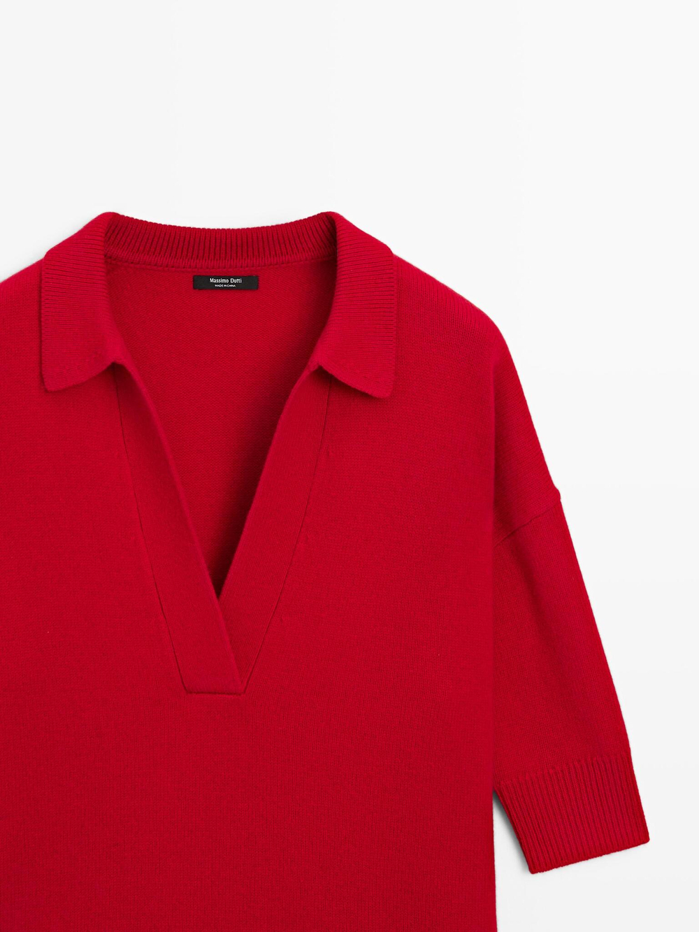 Massimo Dutti Трикотажное поло из смесовой шерсти с V-образным вырезом, красный