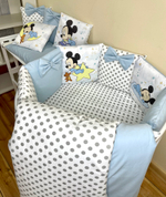 Комплект в кроватку 18 предметов "Микки Маус" голубой, сатин