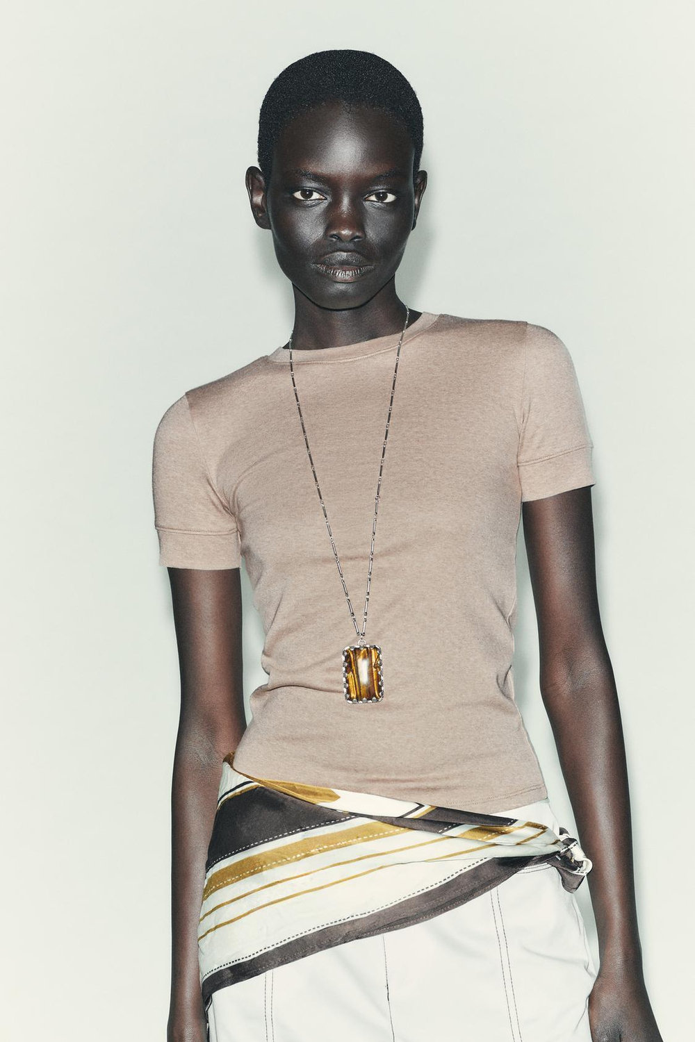 ZARA МИНИМАЛИСТИЧНАЯ ФУТБОЛКА С КОРОТКИМИ РУКАВАМИ, БЕЖЕВЫЙ МЕЛАНЖ