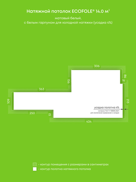 Матовый натяжной потолок 14 м2