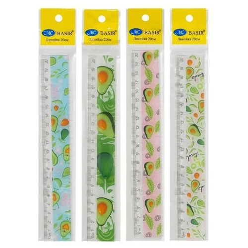 Линейка Basir пластиковая, серия "Авокадо", с рисунком авокадо на корпусе, 20 см
