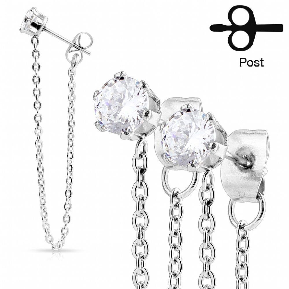 Серьги пусеты с кристаллами и цепочкой из стали марки 316L