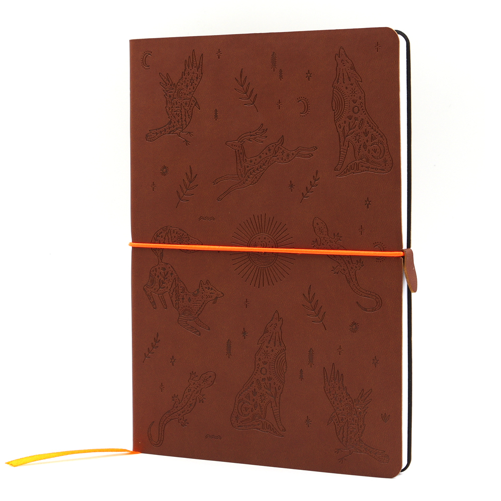НОВИНКА! Блокнот "Тотемные животные" в клетку А5 128 листов, гибкая обложка из экокожи (цвет коричневый) с блинтовым тиснением рисунка по полю