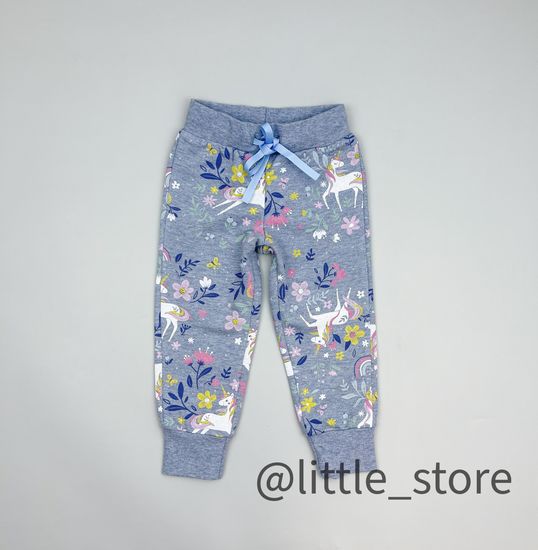 Брюки "Единороги в цветах" из футера, серо-голубые