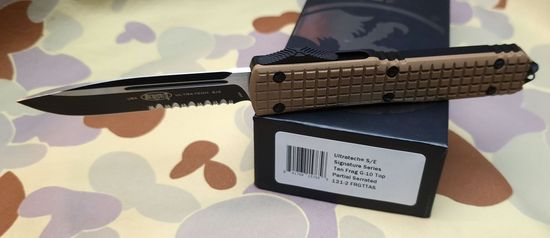 Автоматический нож Microtech MT_121-2FRGTTAS Ultratech S/E, рук-ть алюм./бежев. G10 Frag Patter, клинок 1/2 серрей
