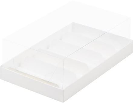 Коробка для эклеров и пирожных с прозрачным куполом и ложементами на 5 шт, белая 22х13,5х7 см