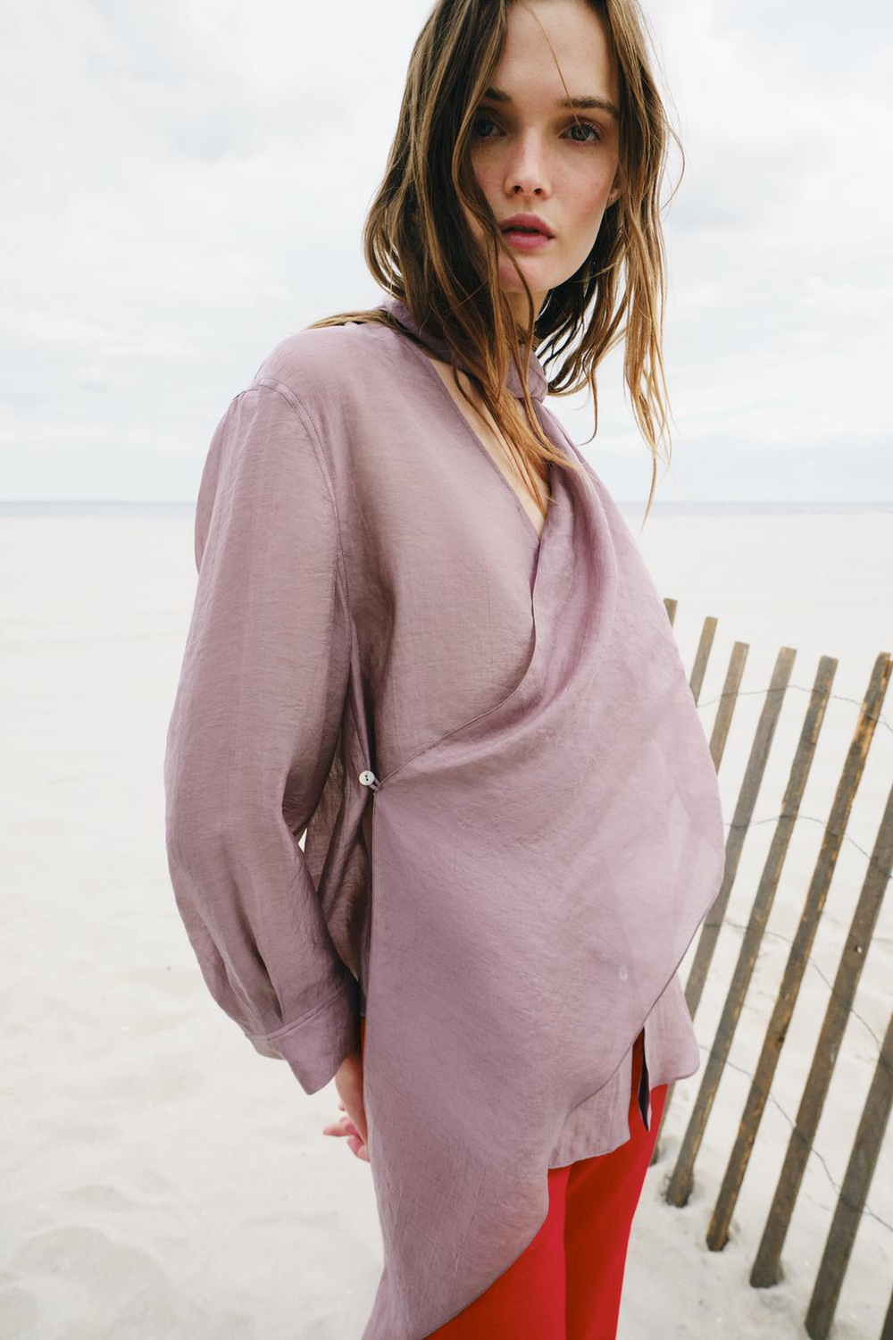 ZARA РУБАШКА С ШАРФОМ ZW COLLECTION, СИРЕНЕВЫЙ