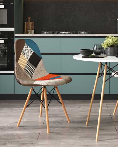 Eames DSW в тканевой обивке в стиле пэчворк, сиденье платиковое, ножки деревянные