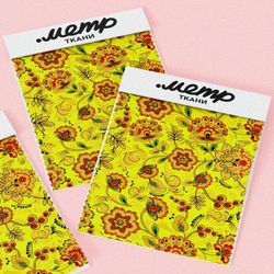 Ткань шелк Армани хохломские узоры на жёлтом