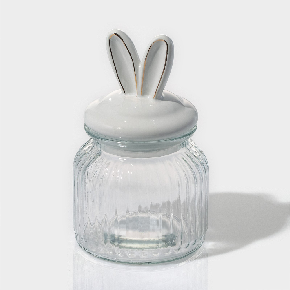 Банка стеклянная для сыпучих продуктов с керамической крышкой Зайка в золотом, 600 мл