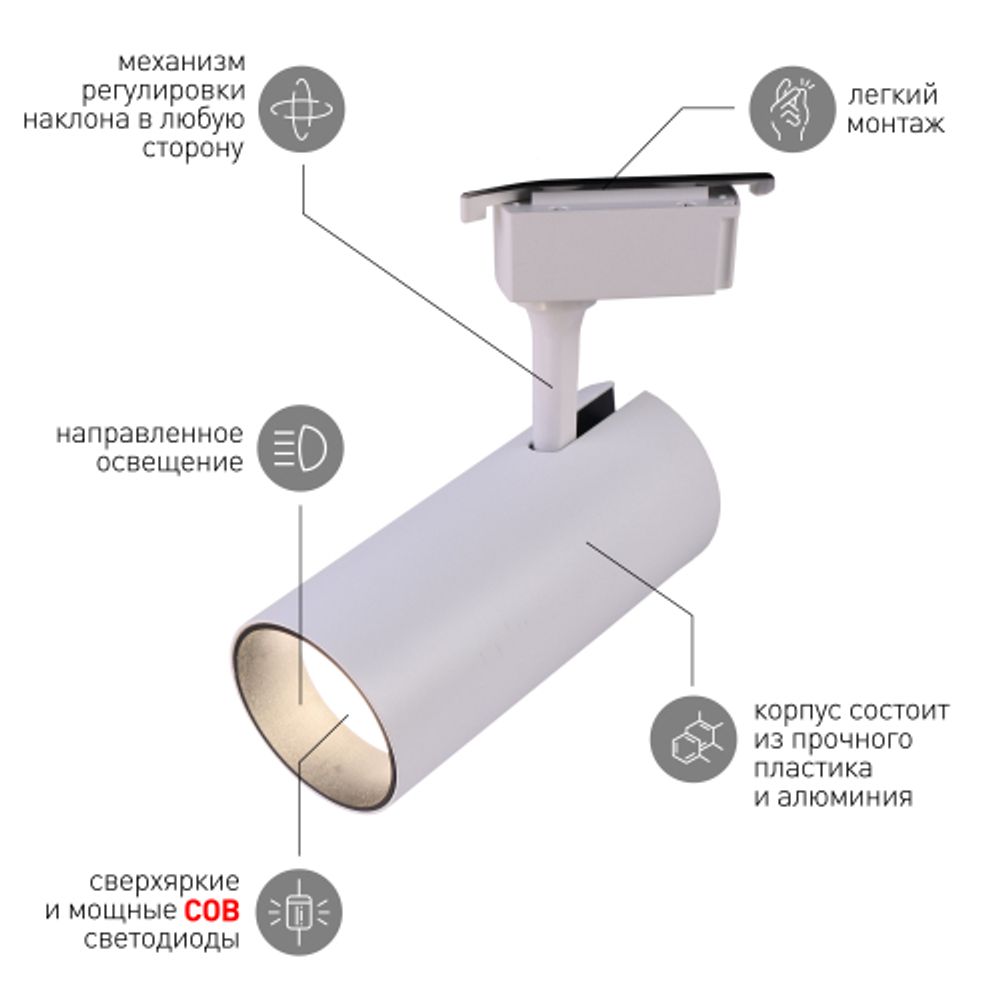 Трековый светильник однофазный ЭРА TR5-3040 WH светодиодный 30Вт 4000К белый