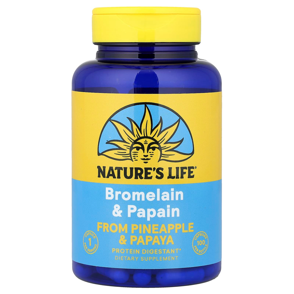 Nature's Life, бромелаин и папаин, 100 капсул