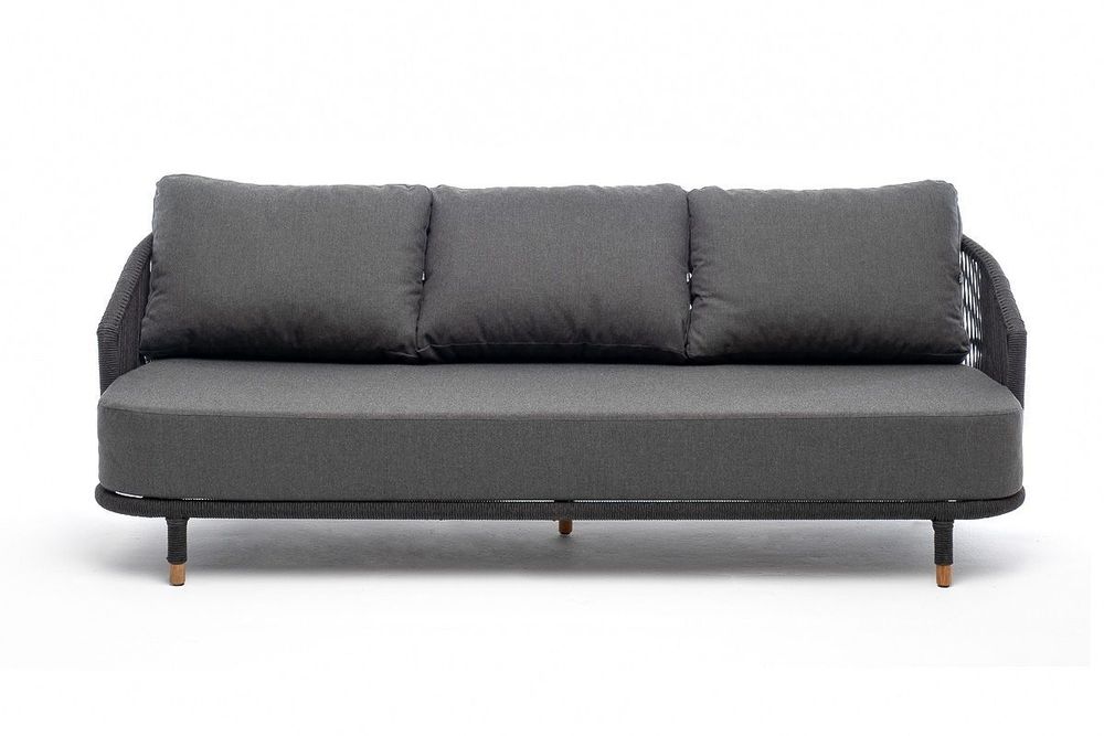 "Верона" диван 3-местный плетеный из роупа, каркас алюминий темно-серый (RAL7024) муар, роуп темно-серый круглый, ткань темно-серая 027