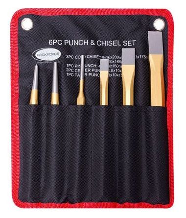 Набор зубил, выколоток и кернеров, 6пр.(зубила:19х178, 13х146, 10х127мм, выколотки:4.8х150,6х178, кернера:5.5х127,4.8х127мм), на полотне RockForce##Rock FORCE RF-5054P