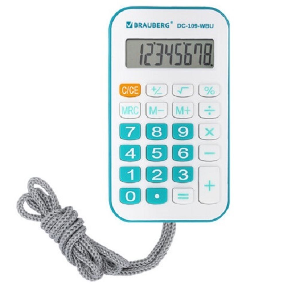 Калькулятор карманный Brauberg, 8 разрядов, DC-109-WBU, питание от батарейки, 110х61мм, белый.