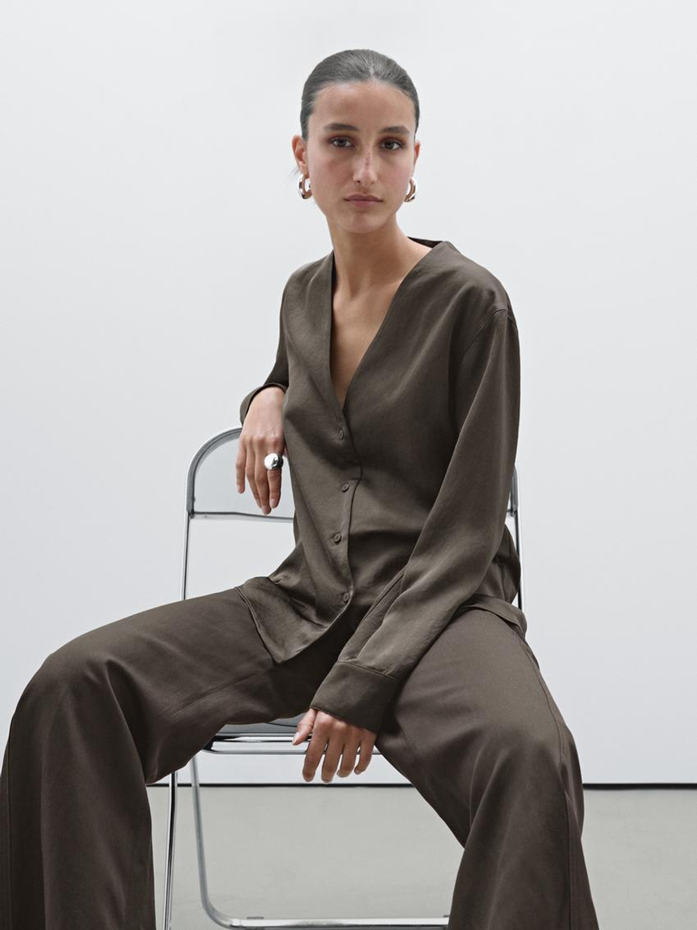 Massimo Dutti Рубашка из смесового хлопка с длинными рукавами, коричневый