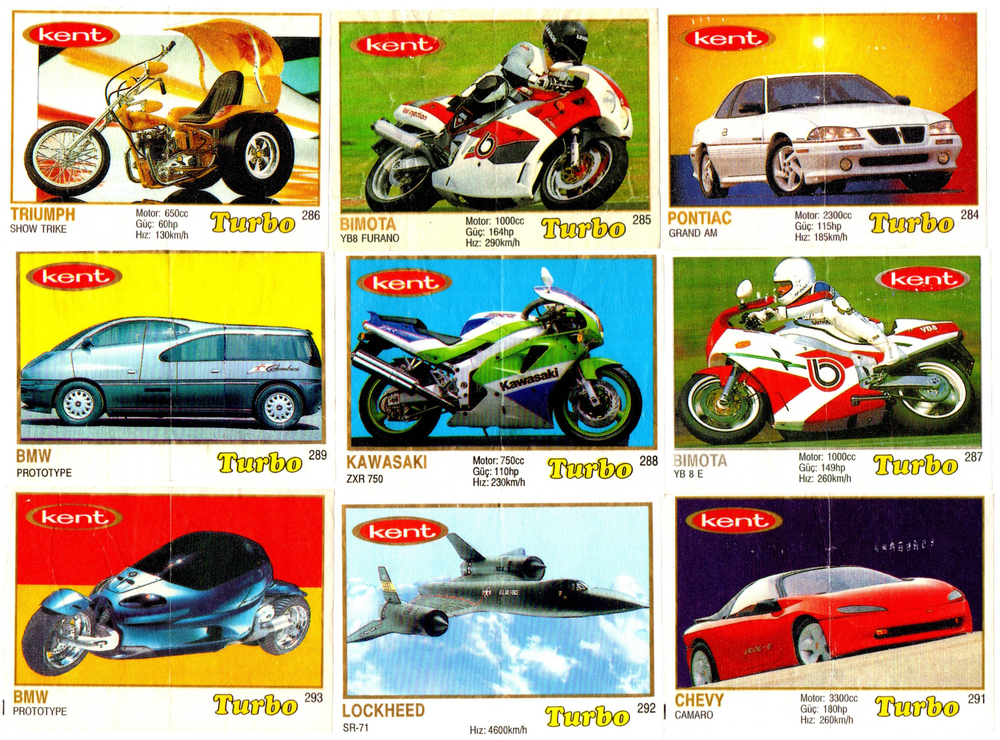 Вкладыши от жвачки Turbo Yellow - Турбо желтые 59 штук без повторов. Серия 261 - 330.