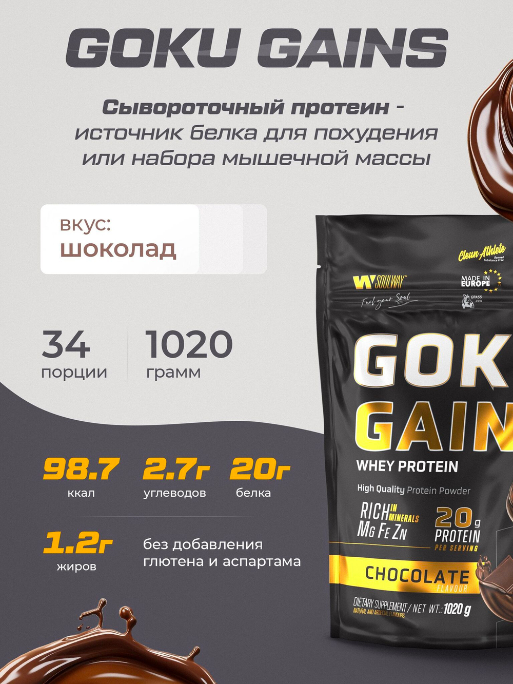 Комбо набор Протеин сывороточный шоколадный 1020 гр 34 порций + Креатин моногидрат без вкуса 200 гр 40 порций + Цинк цитрат 90 капсул