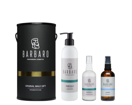 Подарочный набор BARBARO SHAVE №2: Подарочный брендированный тубус BARBARO, Гель для бритья Barbaro Emerald, 200 мл., Масло для бритья Barbaro «Juniper», 100 мл., Бальзам после бритья BARBARO Emerald, 100 мл.