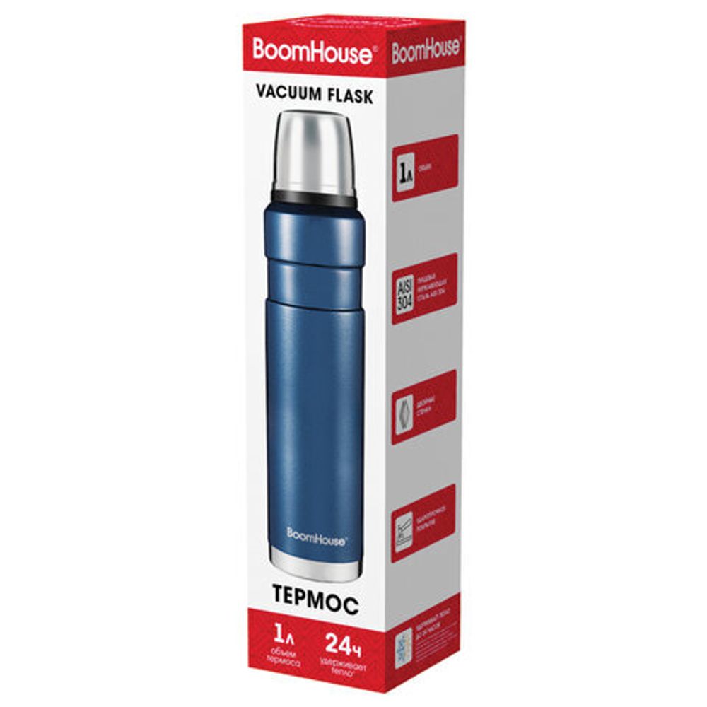 Термос 1 л, BOOMHOUSE (БУМХАУС) DARKBLUE, нержавеющая сталь SUS304, молотковая эмаль, крышка/кружка, синий, 700310