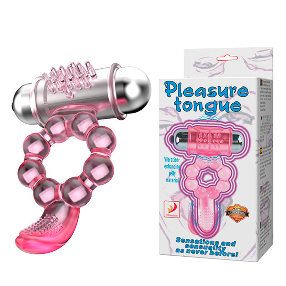 Розовое эрекционное кольцо 3,7см с вибростимуляцией клитора Baile Pleasure Tongue Ring BI-014075