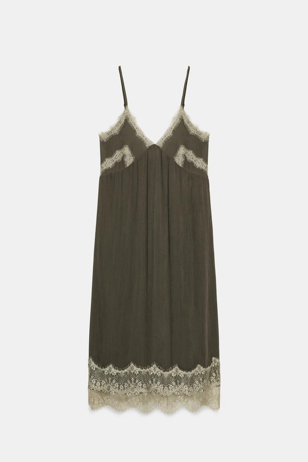 ZARA ПЛАТЬЕ В БЕЛЬЕВОМ СТИЛЕ С КРУЖЕВОМ, ЭКРЮ/ХАКИ