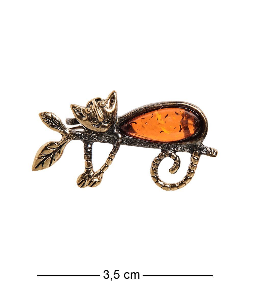 AM-2608 Брошь «Кот на ветке» (латунь, янтарь)