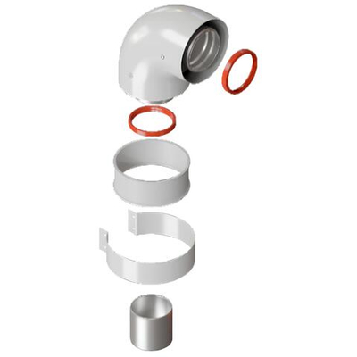 ROMMER Начальный участок 90 гр. 60/100 (Baxi (кроме ECO Nova/Classic), Ariston, Vaillant, Viessmann, Kiturami, Mizudo, Beretta, Oasis, Wolf, Haier, Tiberis, DeDietrich, Arderia) хомут в комплекте + втулка D60 L-50