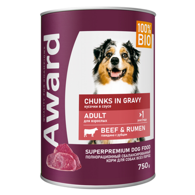 Влажный корм award для взрослых собак кусочки с говядиной и рубцом в соусе 750г (34098)