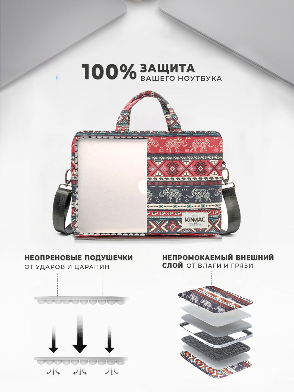 Сумка для ноутбука 13,3" и 14" с ремнем на плечо и 3 отделениями (Бохо слоны)