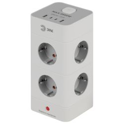Сетевой фильтр ЭРА TWR-8es-1,5m-4USB-W башня с защитой заземлением с выключателем 8 розеток+4xUSBA+C 1,5м 16А белый | Сетевые фильтры