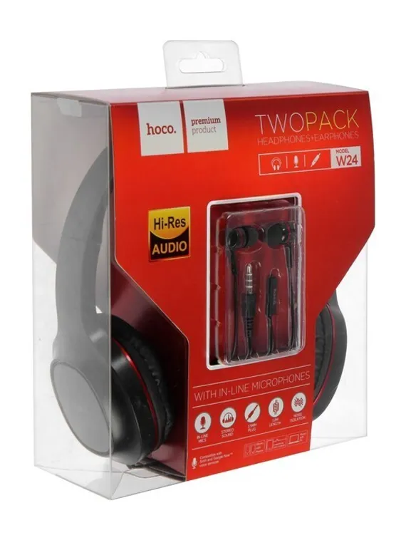 Комплект наушников Hoco W24, проводные, полноразмерные + вакуумные, проводные, красные