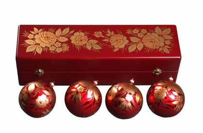 Zhostovo Christmas balls in wooden box - set of 4 balls SET04D-667785818