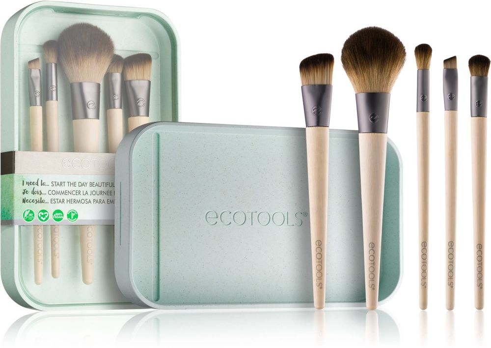 EcoTools фонд кисть + blending eyeshadow brush + blending eyeshadow brush + bent eyeliner brush + blusher brush + brush pouch Start The Day Beautifully