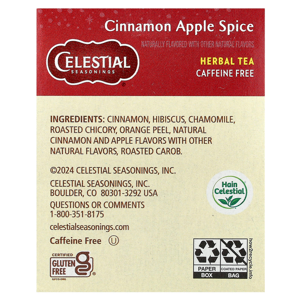 Celestial Seasonings, травяной чай, корица и яблоко, без кофеина, 20 чайных пакетиков, 48 г (1,7 унции)