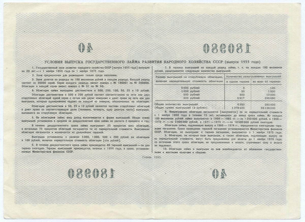 Облигация 25 рублей 1955 год. Серия № 180980. VF+