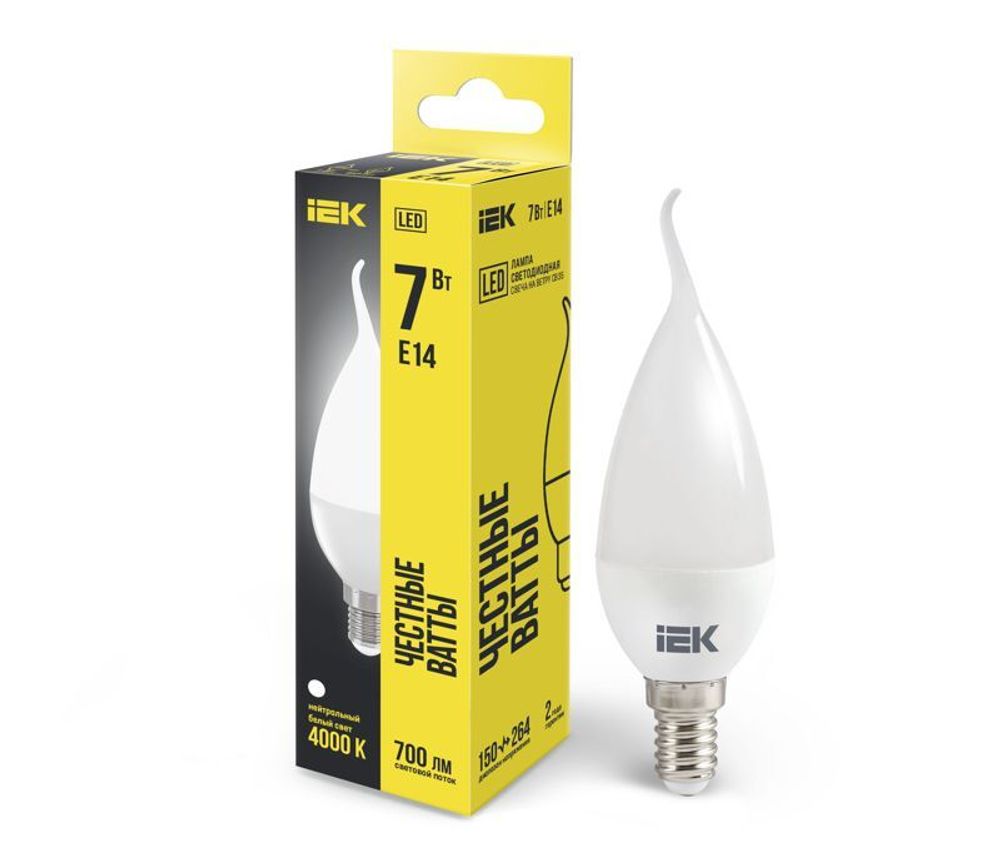 Лампа светодиодная 7Вт CB35 свеча на ветру 4000К нейтр. бел. E14 230В IEK LLE-CB35-7-230-40-E14