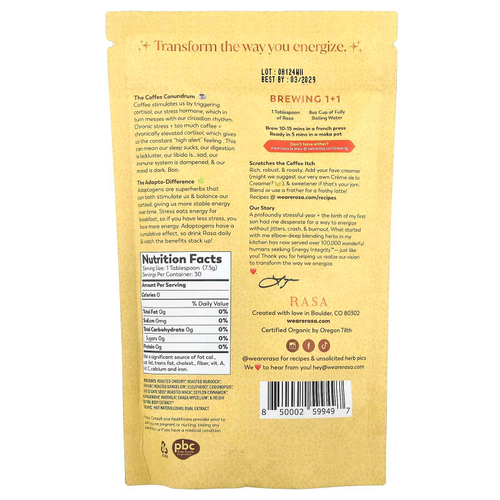Rasa, Травяной альтернативный кофе, упакованный адаптогенами, оригинальный, 226 г (8 унций)