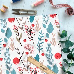 Ткань бифлекс лесная трава и рябина на белом фоне