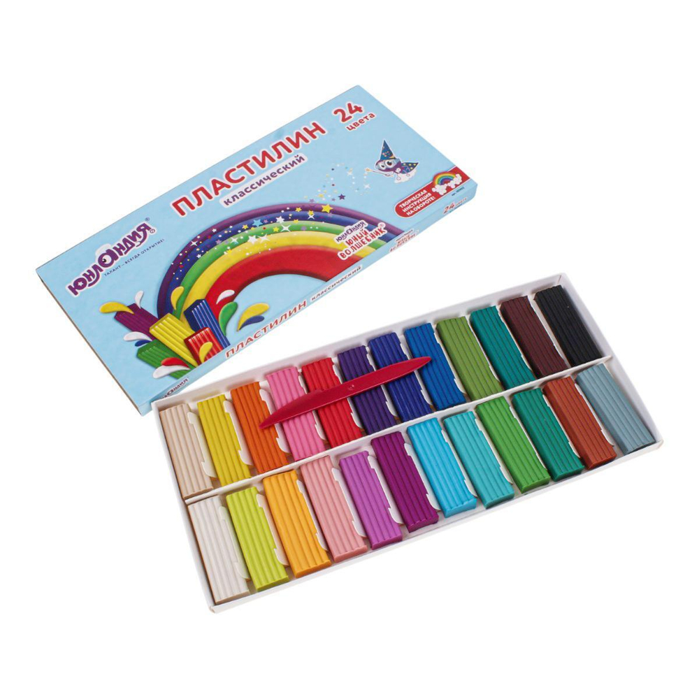 Пластилин классический ЮНЛАНДИЯ "ЮНЫЙ ВОЛШЕБНИК", 24 цвета, 480 г,со стеком, ВЫСШЕЕ КАЧЕСТВО, 105902