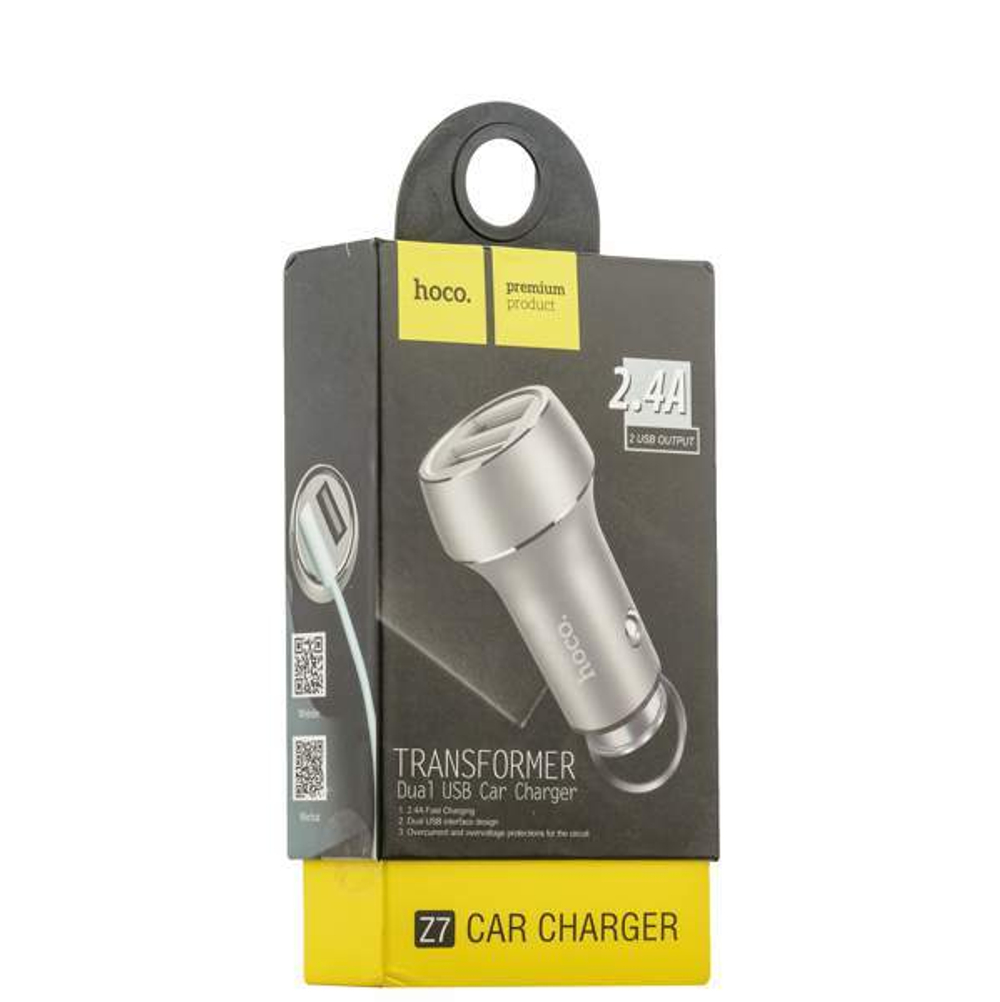 Разделитель автомобильный Hoco Z7 Kingkong dual USB Car Charger Apple&amp;Android (2USB: 5V &amp; 2.4A) Серебристый