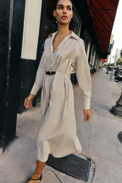 ZARA ПЛАТЬЕ МИДИ С ПОЯСОМ, БЕЖЕВЫЙ