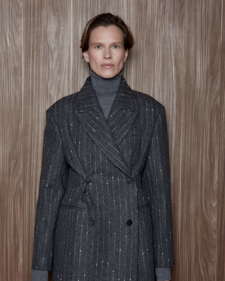 Пальто с дополнительными петлями из шерсти Стелла Маккартни полоска серый