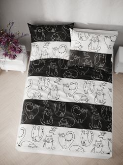 Постельное белье "Кошки и мышки" 2-спальный  наволочки 50х70 2шт Простынь на резинке 160х200 см Пододеяльник 175х215 см Сказка сатин