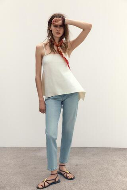 ZARA ТОП АСИММЕТРИЧНОГО КРОЯ С БАСКОЙ, ЭКРЮ С МЕЛАНЖЕВЫМ ЭФФЕКТОМ