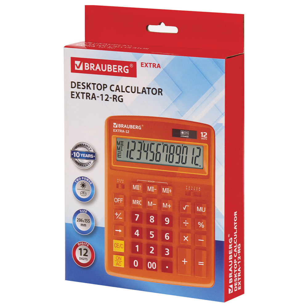 Калькулятор настольный BRAUBERG EXTRA-12-RG (206x155 мм) 12 разрядов двойное питание апельсиновый