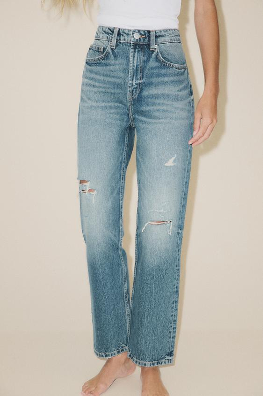 ZARA ДЖИНСЫ TRF MOM FIT С ВЫСОКОЙ ПОСАДКОЙ, ЗЕЛЕНОВАТО-СИНИЙ